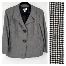 VTG Talbots Wool Blend Houndstooth Single Breasted Blazer Black White Size 14