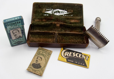VTG Early Gillette Safety Razor Set w/ Case, Blue Blades & Crescent Blade