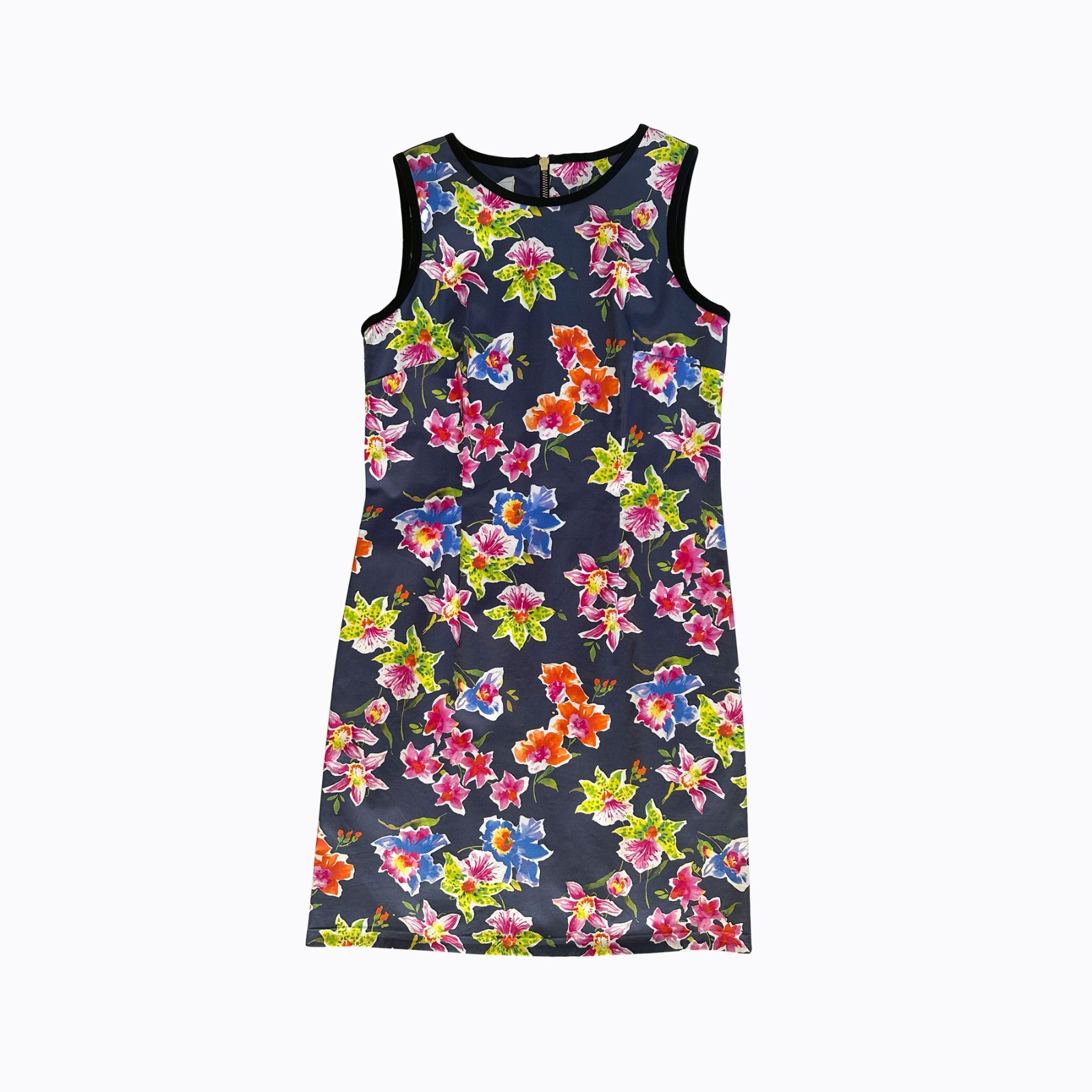 Sara Campbell Floral Shift Dress 8 Navy Blue Pink Pique Cotton Made USA Preppy