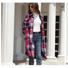 Womens Plaid Long Shacket Oversized Button Down Flannel Shirt Jacket Red small