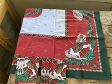 Vintage Xmas Tablecloth 48 x 66 - Carousel Horse, Fans, Garlands + 8 Napkins