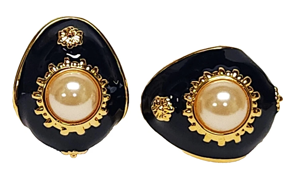 Nuevos Pendientes de Clip Curvo Joan Rivers Azul Marino Esmalte Imitación Peral Tono Dorado Foto 2 de 4