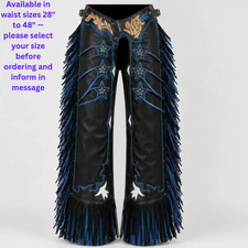 Black Leather Western Chaps Blue Fringe Star Overlays Tooled Yoke Rodeo Women