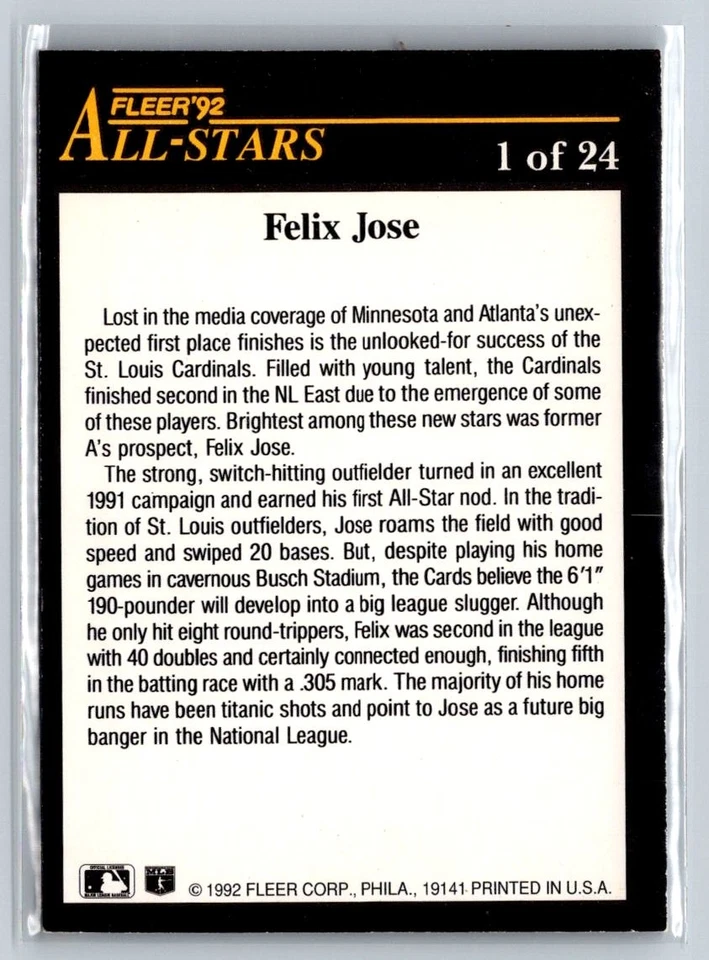 1992 Fleer #1 Felix Jose All-Stars MLB St Louis Cardinals - Image 2 of 2