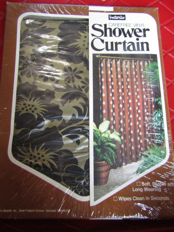 Interio NIP Vintage BLACK FLOWERS On GOLD Vinyl SHOWER CURTAIN 70" by 72"-1960's