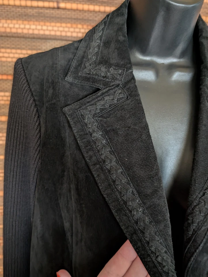 Chaqueta Suéter De Colección Y2K Para Mujer L/XL Negra Gamuza Cuero Punto Abierto Foto 3 de 4