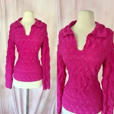 Y2K 2000s Style Top Medium Pink Long Sleeve Collared Fairy Cyber Grunge Club