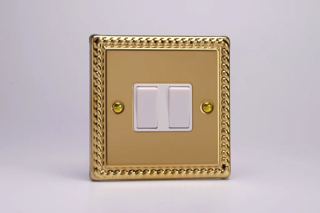 Switch Brass Intermediate & 2-Way 10A 2-Gang Classic Georgian + White Insert