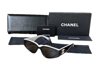 CHANEL Women's Black & White Cat Eye Sunglasses Black Tinted Lenses Logo