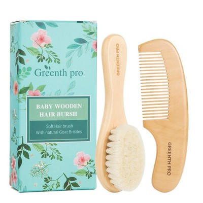 Baby Hair Brush Comb Set Nature Lotus Wood Soft Goat Bristle Cradle Cap Fix