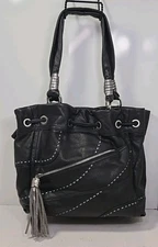 B. Makowsky Black & Silver Leather Shoulder Bag Handbag Purse Satchel Tote