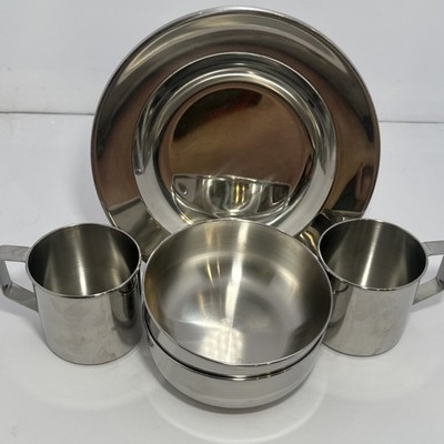 Stainless Steel Camping Tableware Set 6pcs Cups Bowls Plates Round