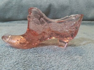 Fenton Pink Glass Rose Pattern Slipper Shoe Cabbage Rose