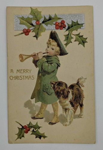 Embossed Christmas Postcard Boy Horn Dog Holly Antique 1900s Made In Germany