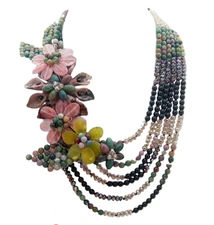 Freshwater Black Pearl Agate Onyx Crystal Flower statement Necklace 22"