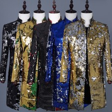 Giacca Suit Blazer Lunga Reversibile Due Toni Di Paillettes Cabaret Carnevale