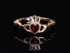 Gold Claddagh ring with garnet heart 14K Solid Gold