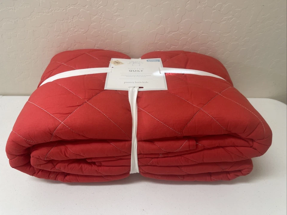 Pottery Barn Sutter Quilt Full Queen Diamond Stiched Red - Image 3 of 4
