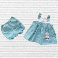 Vintage Zu by Petit Ami Baby Girls Kitten Dress & Bloomers Turquoise/White Sz 3M