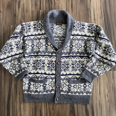 Eddie Bauer Sweater Mens Wool Ski Cardigan Extra Large Gray White Unisex 