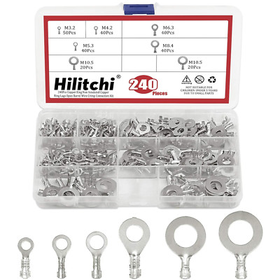 240Pcs Tin-Plated Copper Non-Insulated Ring Crimp Terminals Assortment Kit - Ope