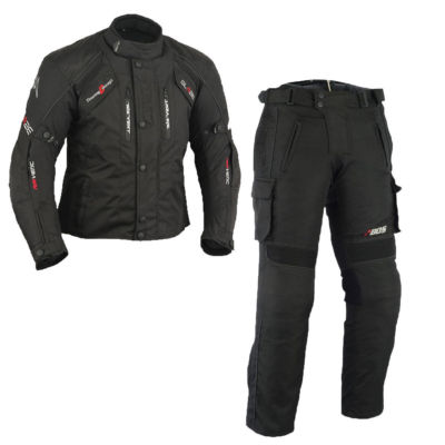 Summer textile motorcycle suit, black motorcycle jacket and trousers men's