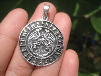 925 Sterling Huginn Muninn Rabe Vögel Odins Wikinger Germanische Runen Anhänger A6