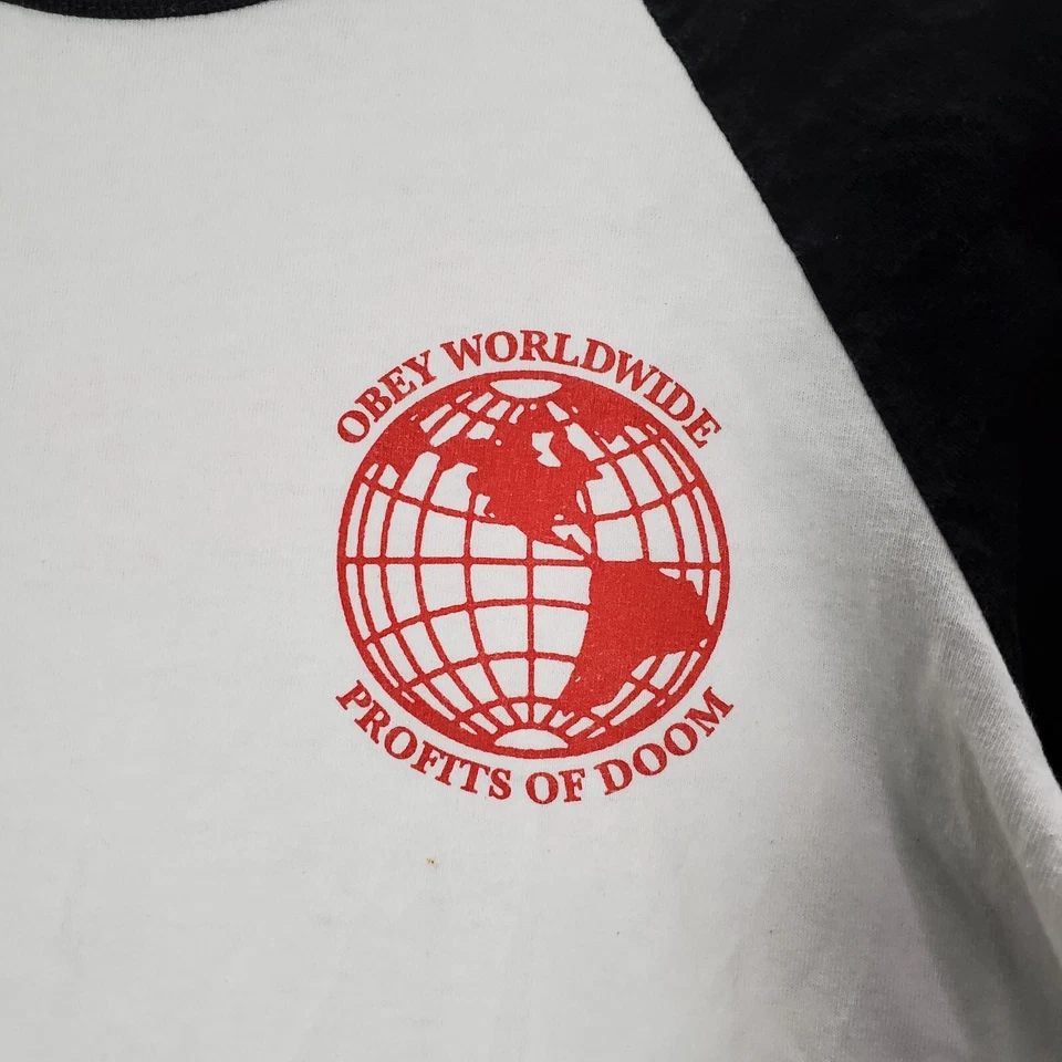 Obey Women Top Small White T-Shirt Logo Profits Of Doom Baseball Skate Y2K READ - Image 3 of 4
