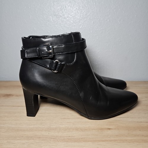 Ralph Lauren Chaps Nadie Black Faux Leather Ankle Zip Heeled Booties Sz 9 B - Picture 3 of 10