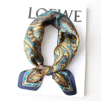 100% Mulberry Silk 20'' Small Scarf Women Neckerchief Wrap Blue Yellow Paisley