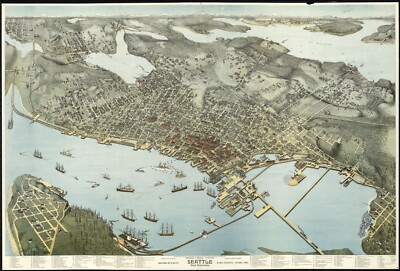 24'' x 36'' 1891 Birdseye View Map Of Seattle Washington