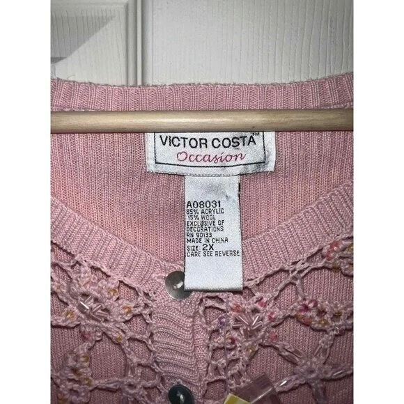 Cárdigan de lana rosa pastel vintage Victor Costa suéter tejido acanalado para mujer, 2X Foto 4 de 4