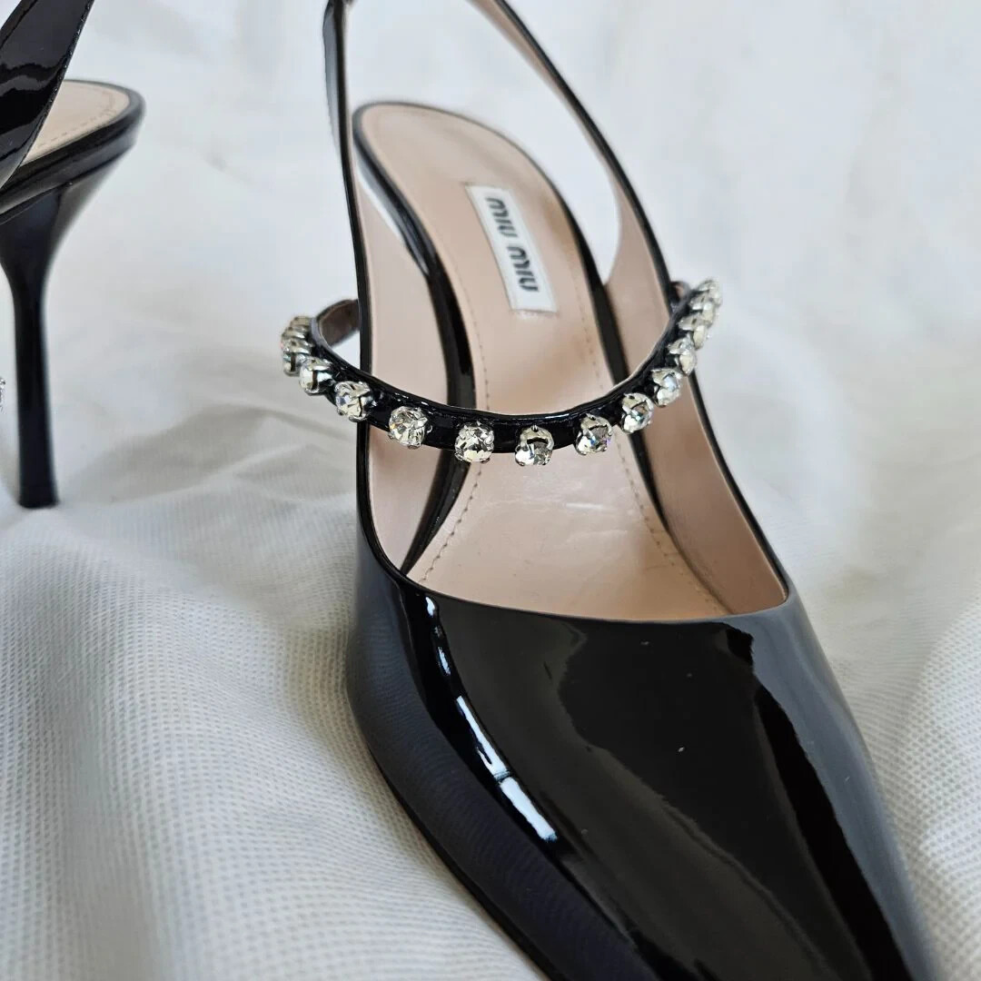 Miu Miu Black Patent Leather Crystal Strap Slingback Pumps Shoes