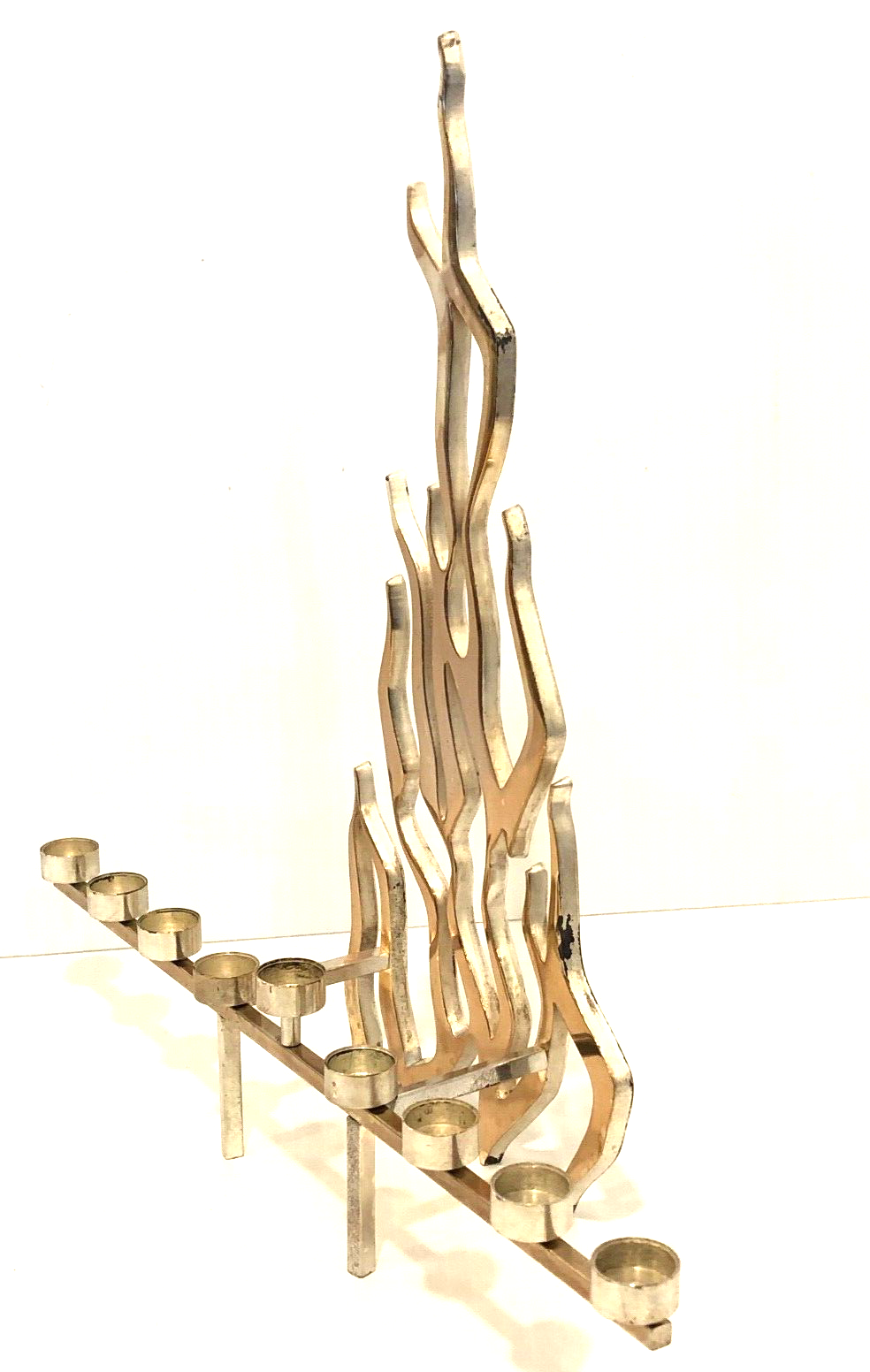 Vntg Shiny Silver Jewish Flame Hanukkah Menorah Judaica Judaism
