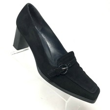 Stuart Weitzman Vintage Heels Women's 8 Square Toe Pump Black Suede Buckle Strap