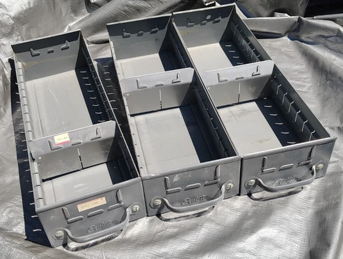 3 Vintage Equipto Steel Cabinet Drawers 5-5/8 X 3-1/2 X 17" w Dividers & Handles