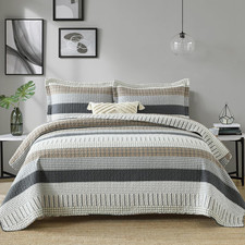 Queen Size Quilt Set, 100 Cotton, Grey Striped Reversible Lightweight Soft Quil