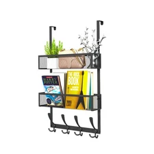 Over The Door Hooks OrganizerCoat Rack with 12 Hooks and 2 Mesh BasketsBack o...