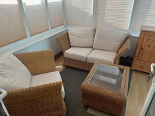 Rattan Garden Room Conservatory Furniture Set  Sofa, Chair, Coffee Table. used