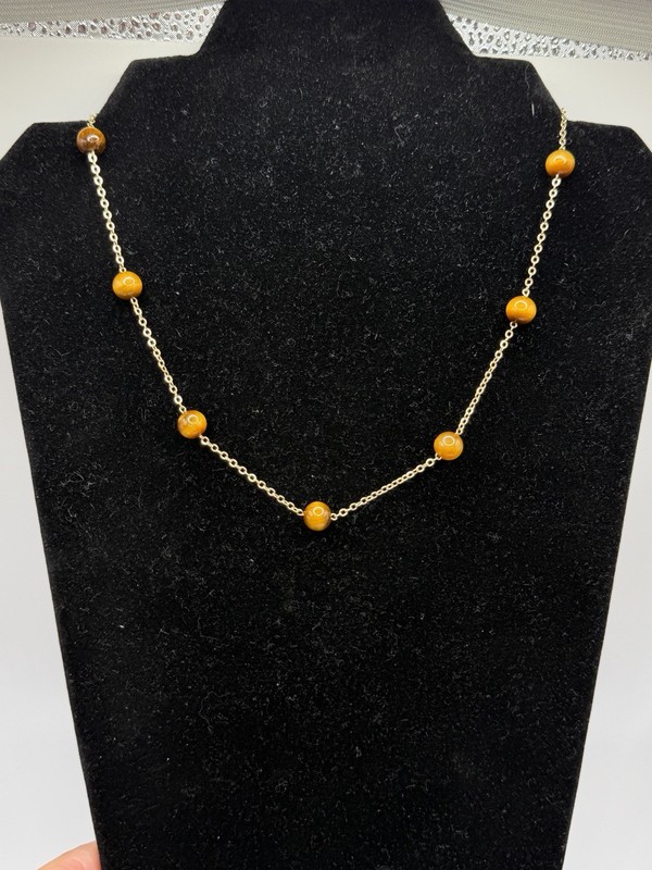 14K Yellow Gold 585 Tiger's Eye Bead Station Necklace 18" 7.76g