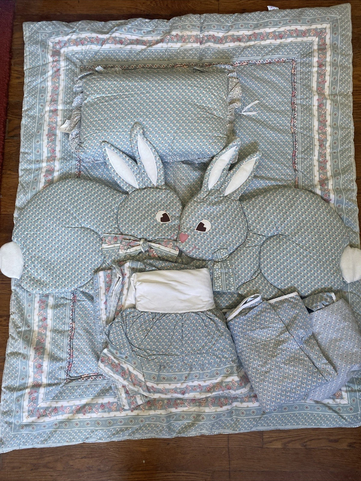 No Jo Toddler Crib Bed Pillow Cover Dust Ruffle Bunnies Rabbits Floral 7 Pc READ