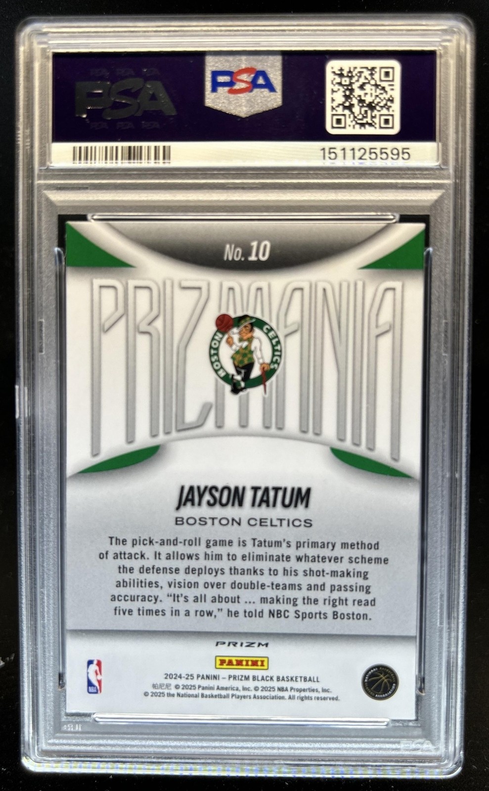 2024-25 Panini Prizm Black Jayson Tatum Prizmania #10 Celtics PSA 9 view 2