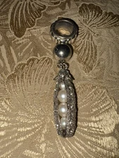 Unique Pea Pod Pendant Scarf Loop Faux Pearls Rhinestones Silvertone 4" VTG