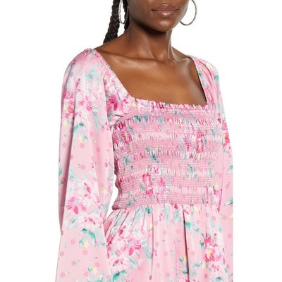 NWT WAYF Womens Size Medium Pink Floral Satin Long Sleeve Smocked Midi Dress  NEW | eBay