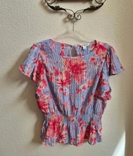 Counterparts top, blue & peach, sz L, flutter sleeves, elastic waist