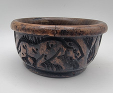 Small Wooden Dark Wood Bowl with Carved African Ghana Animals Elephant Lion