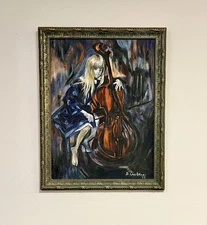 Vintge '73 SIGNED Original Haunting Barefoot Girl CELLO Player FRAMED Black/Gray