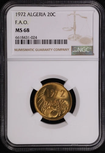 1972 Algeria 20C Centimes F.A.O. Nickel Brass Coin Km 103 NGC MS 68
