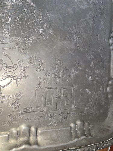 Moroccan Egyptian Arabic Engraved Silver-Plate Serving Tray 11” X 14” & Handles - Picture 3 of 14