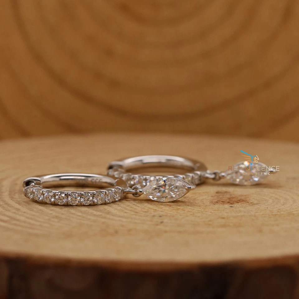 Lab Grown Marquise Cut Diamond 14K Gold Drop Hoop Earrings For Her Danity Gift - Image 3 of 4